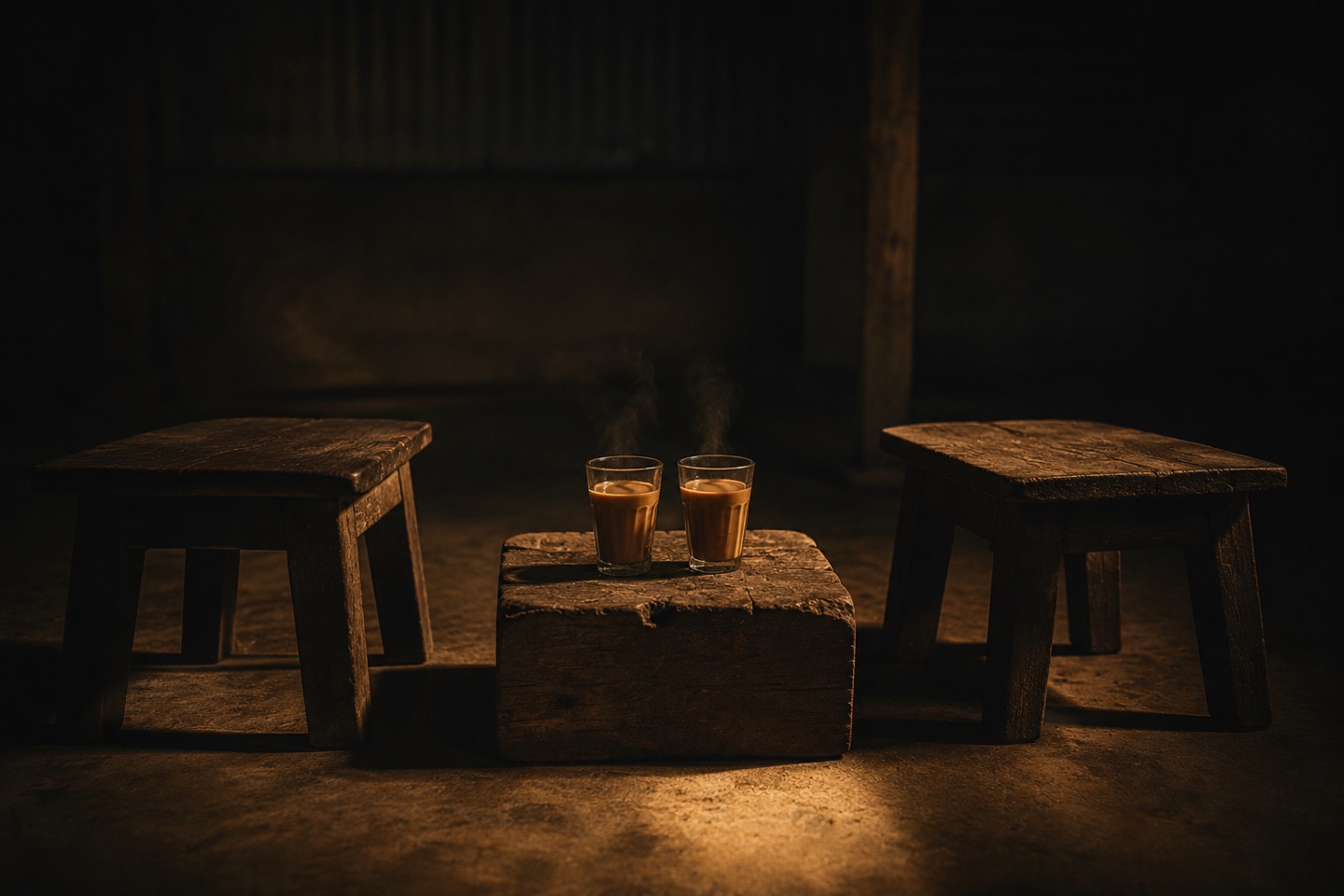 Two low wooden stools and two cups of tea in a pool of warm light, awaiting a conversation
