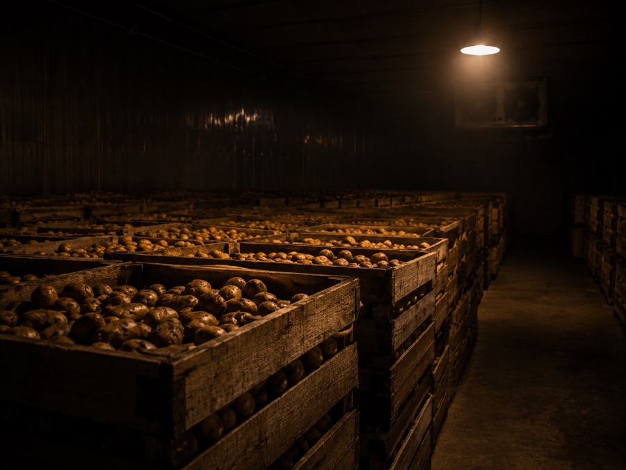 Wooden crates of harvested potatoes receding into a dark cold storage hall under one warm lamp